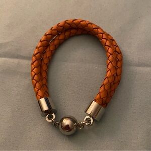 7.5” Braided Leather Bracelet Orange Rust Stainless Steel Magnetic Ball Closure